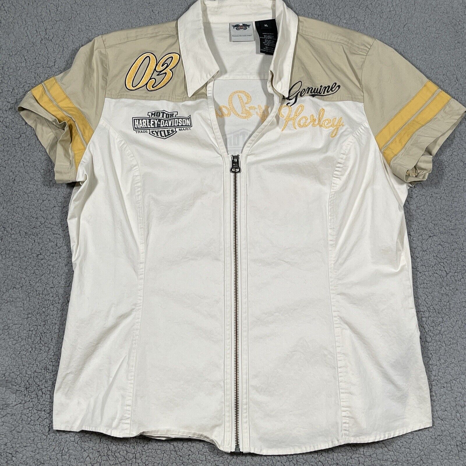 Harley Davidson Zip Up Shirt Women's Xl White Beige Yellow Embroidered Biker