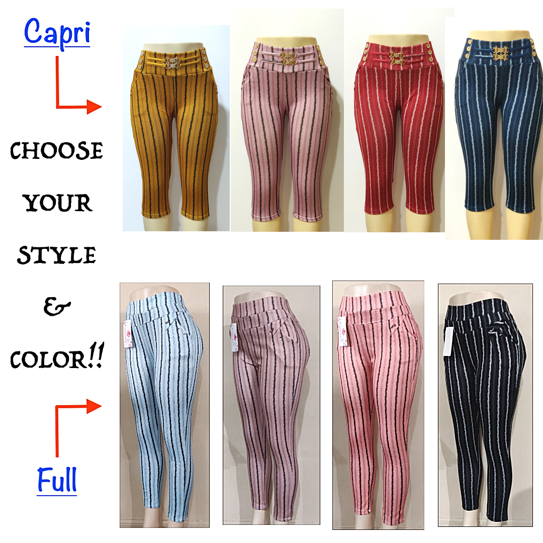 Women's Stretch Striped Casual Pull-on Pants Leggings With Pockets Ankle & Capri