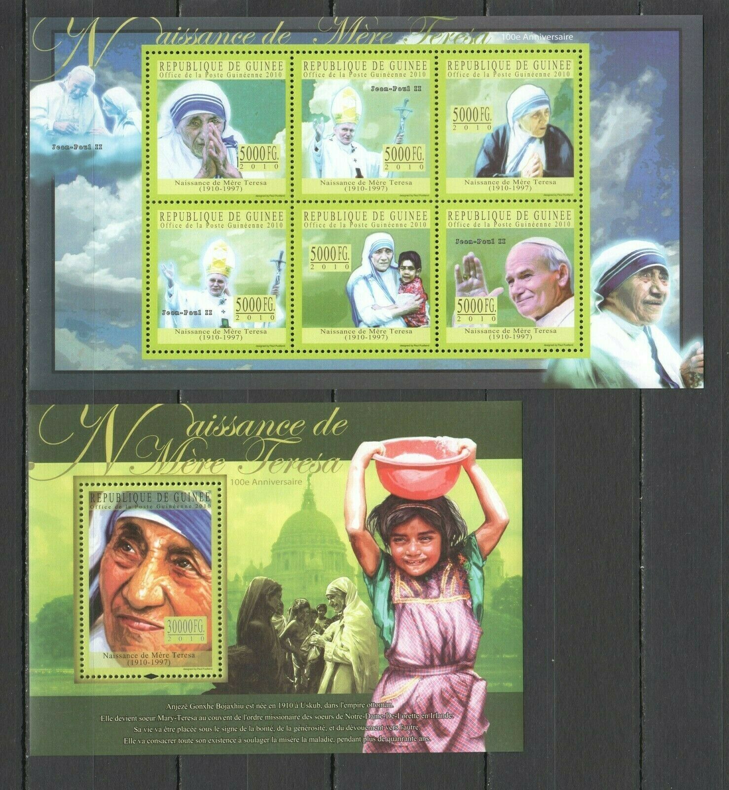 Bc405 2010 Guinea Famous People Mother Teresa 100th Anniversary 1kb+1bl Mnh
