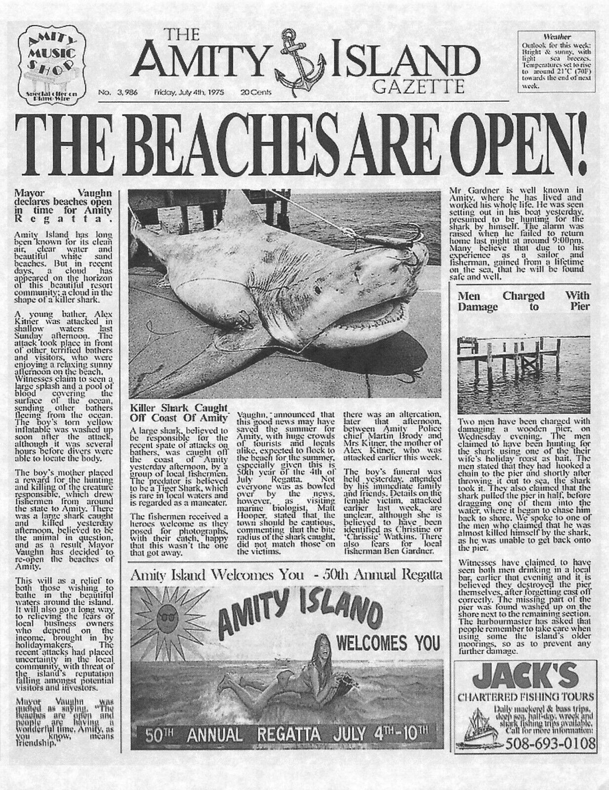 1975 Jaws Amity Island Gazette The Beaches Are Open! > Print > Great White Shark