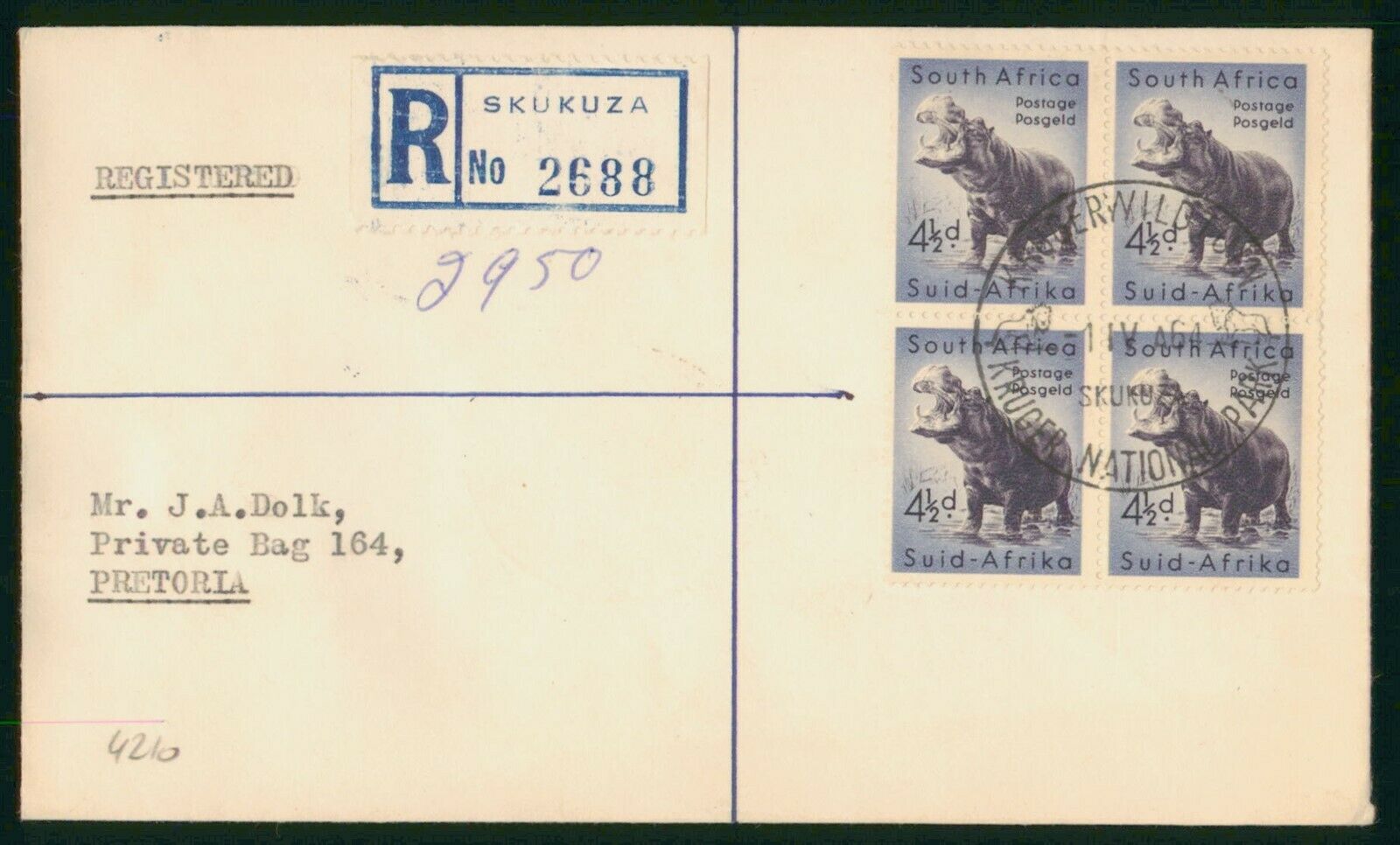 Mayfairstamps South Africa 1964 Reg Skukuza Rhino Block Cover Wwp_33839