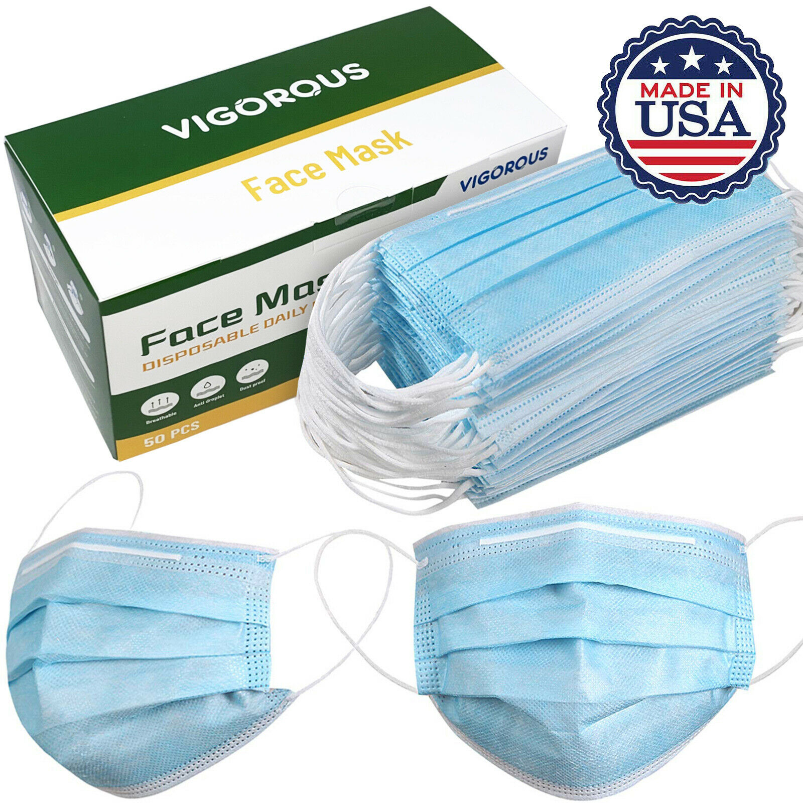 Made In Usa 50 Pcs Protective Face Mask Breathable Non-woven Mouth Cover - Blue