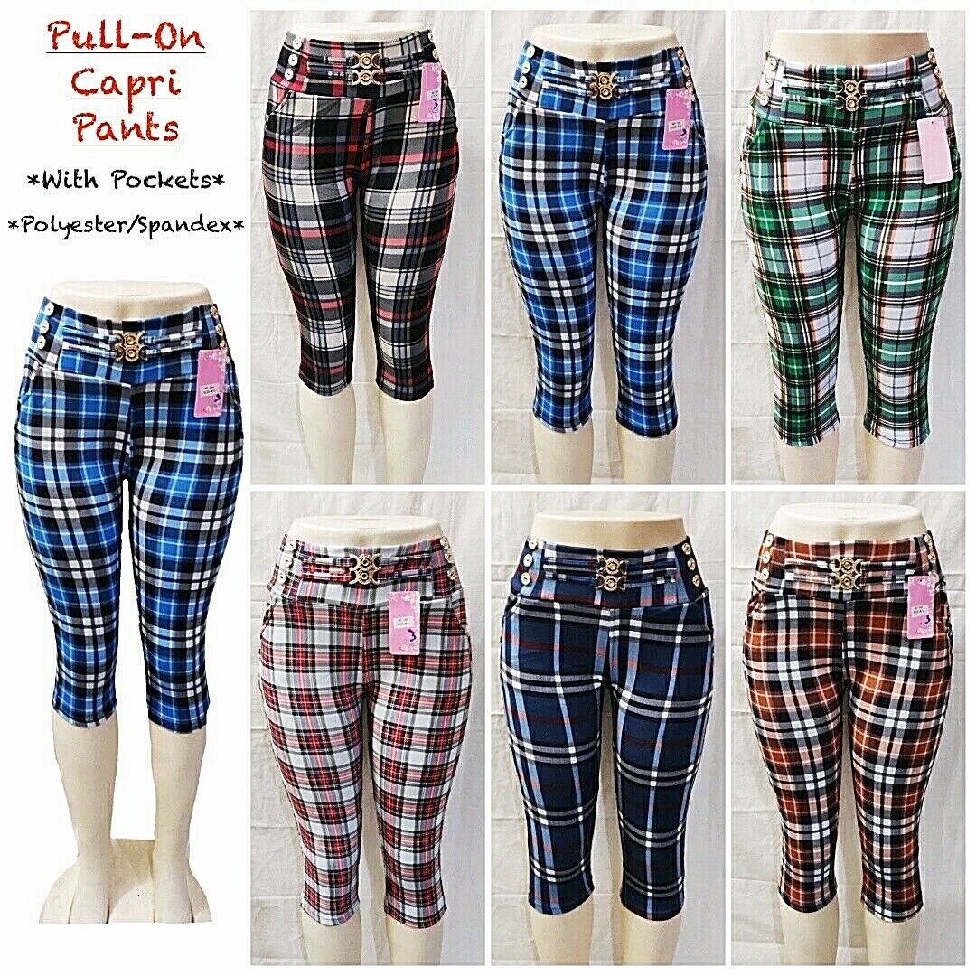 Women's Casual Pull-on Check Pants Leggings With Pockets Capri Length
