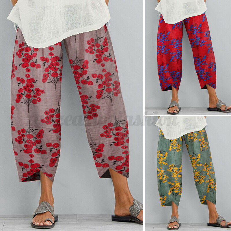 Zanzea Women Summer Floral Trousers Loose  Baggy Cropped Vintage Retro Pants New