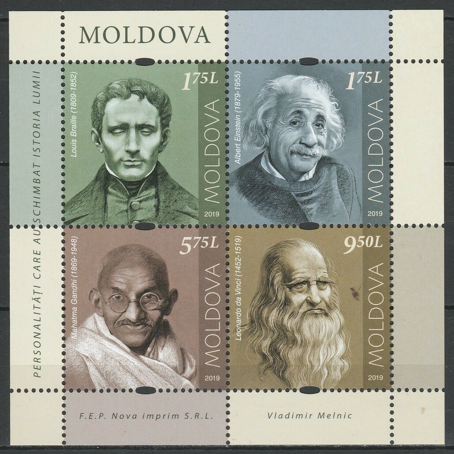 Moldova 2019 Famous People, Gandhi, Da Vinci, Einstein, Braille Mnh Sheet