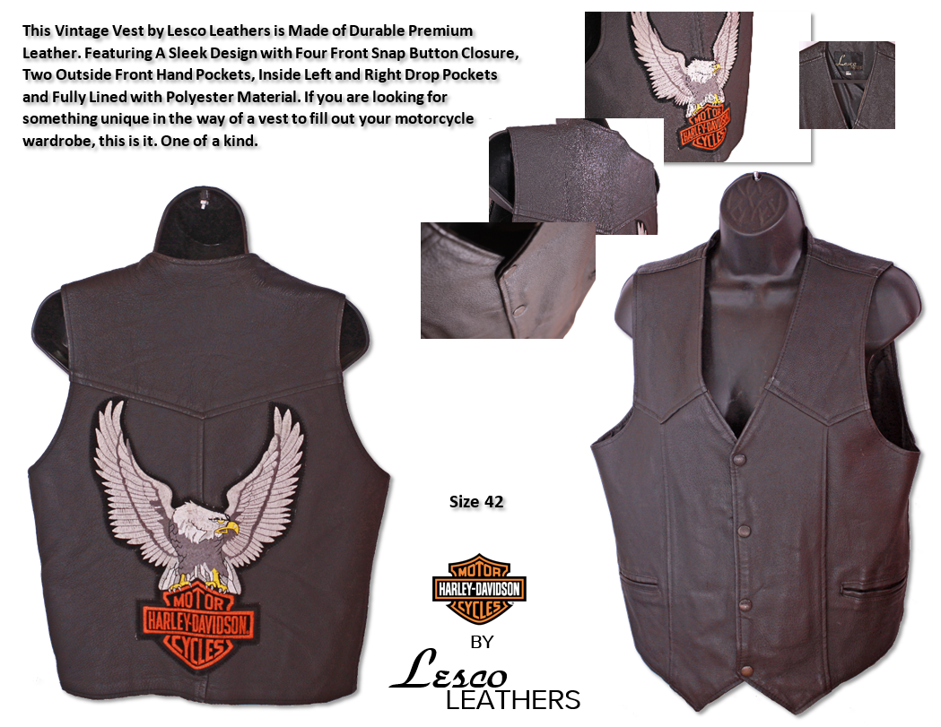 Lesco Leathers Vintage Harley Davidson Black Leather Moto Vest: Size 42